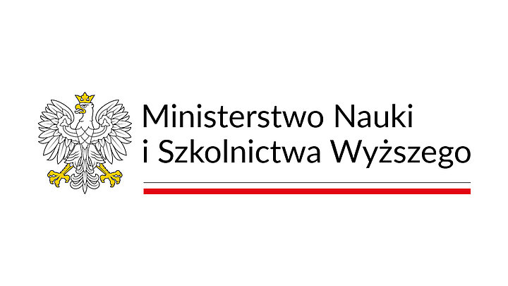Po lewej orzeł - polskie godło, po prawej tekst "Ministrstwo Nauki i Szkolnictwa Wyższego". Pod tekstem długa i wąska biało-czerowona flaga.